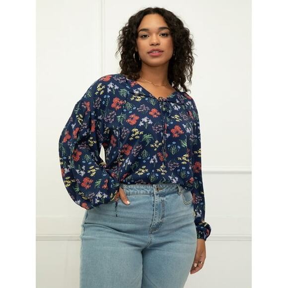 Eloquii Size 24 Elements Floral Print Balloon Sleeve Blouse Top Blue - Picture 1 of 7